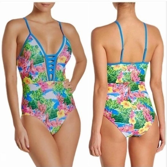 Nicole Miller SZ 10 Plunging Neckline Bathing Suit in Blue Floral NEW WI… - Picture 1 of 7